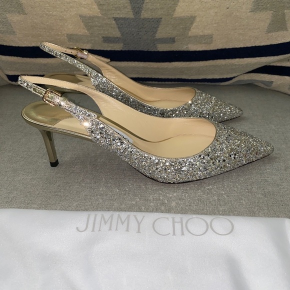 Jimmy Choo Erin 60 latte glitter metallic silver heels pump slingback SZ 39.5 - Picture 6 of 10